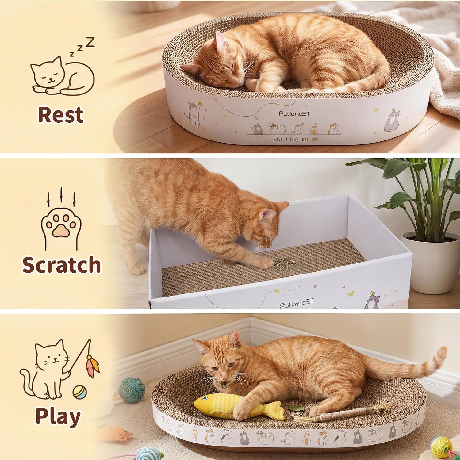 patiencet-3-in-1-cat-scratcher-cardboard-set-for-indoor-cats-cat-lounge-box-with-wide-slim-oval-cat-beds-corrugated-cat-scratching-board-for-furniture-protection-rest-play