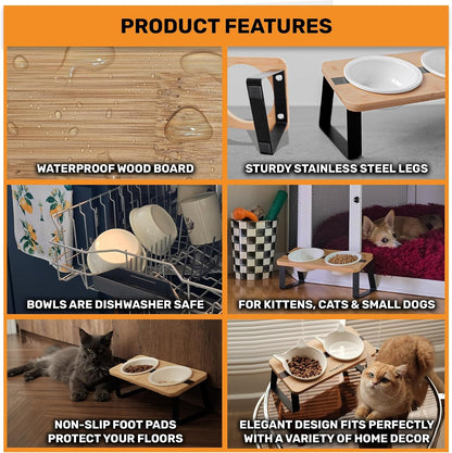 Elevated Cat Bowl Stand for Food and Water – Anti-Vomit Raised Feeding Station with Tilted Stand – Removable round Ceramic Bowls, anti Slip Bamboo Base, Dishes for Cats, Kitten, Small Dogs & Puppies3