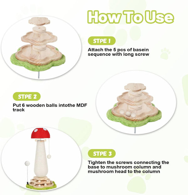 Mushroom Cat Scratching Post Cat Tree, Cute Cat Scratcher Tower with Interactive Ball Two-Layer Track Spring Ball Toys, Mushroom Scratch Post Cat Sisal Scratcher with Catnip for Indoor Cats4