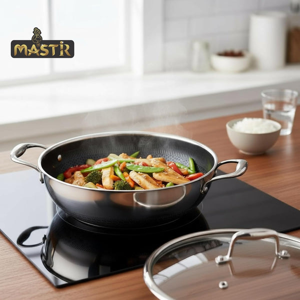 Stainless Steel Wok 32 Cm/6.5 L with Glass Lid – Kadai with Two Ear Handles – Hybrid Honeycomb Nonstick, Pfoa-Free, EU Approved – Stay-Cool Handles – Induction, Oven & Dishwasher Safe Cookware3