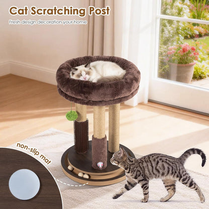 22 Inch Heavy-Duty Cat Scratching Post with Cozy Plush Bed, 3 Sisal Scratching Posts, Interactive Cat Scratcher with Grooming Brush, Hanging Pom-Pom, Track Balls & Mouse Toy for Indoor Cats6