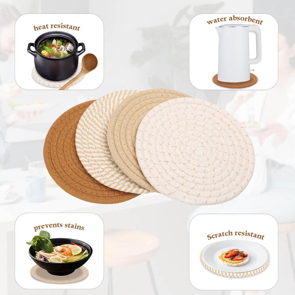 7" Trivets for Hot Dishes, Hot Pots and Pans, 4 Heat Resistant Hot Pads, Pot Holders for Kitchen, Home Essentials for New Home and Farmhouse Decor, Fall Decorations for Home(Brown)4