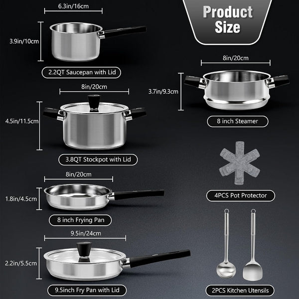 Stainless Steel Cookware Set, 14-Piece Pots and Pans Set, Kitchen Cookware Set with Stay-Cool Handle, Non-Toxic, Dishwasher Safe & Compatible with All Stovetops (Gas, Electric & Induction)2