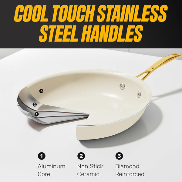 15 Pc Pots and Pans Set Non Stick Ceramic Cookware Set | Utensils Set Included, Non Toxic PFOA/PFOS/PTFE Free, Stay Cool Stainless Steel Handles, Dishwasher & Oven Safe, Cream6