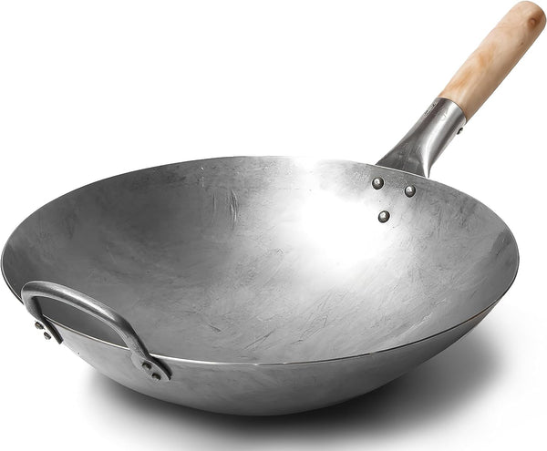 Traditional Hand Hammered Chinese Carbon Steel Wok with Wooden and Steel Helper Handle (14 Inch, round Bottom Pow Wok Pan) / 731W881