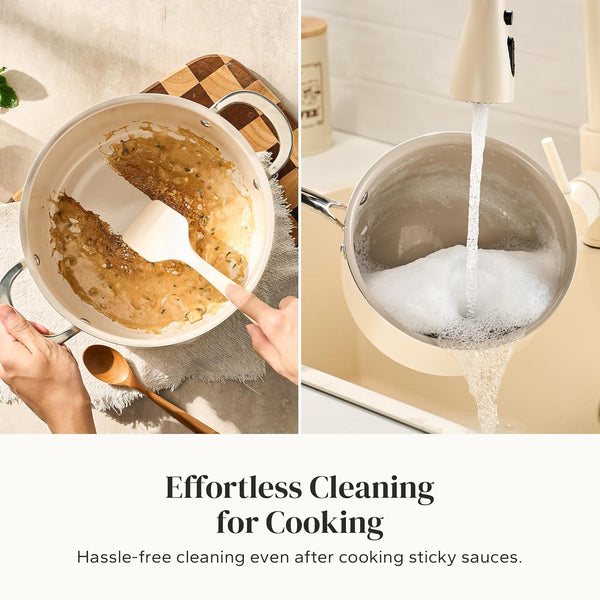 Stock Pot Set with Lid 5Qt, Ceramic Saucepan Set 2.5/3.5Qt, Induction Cooking Pot Set, Nonstick Cookware Set for Stoves, Even Heat, Stay-Cool Handle, Oven/Dishwasher Safe, PFAS Free (Beige)5