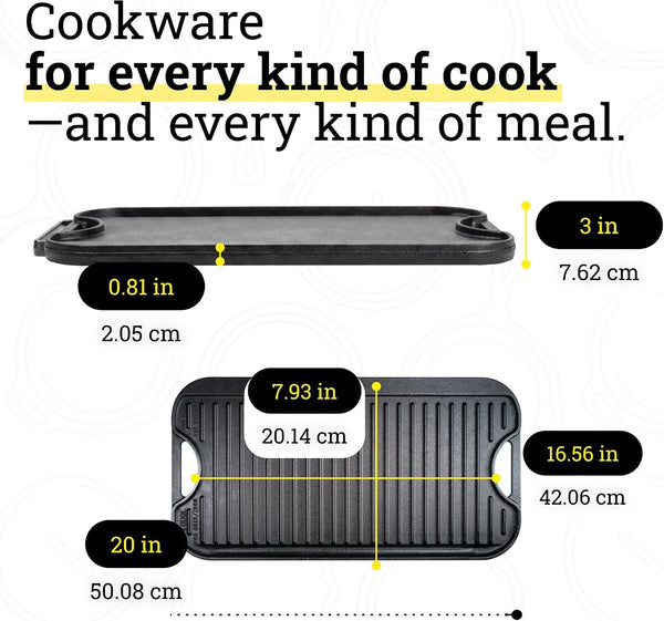 Pro-Grid Reversible Grill/Griddle, Pfas-Free, 20 X 10.5 Inches | Dual-Sided Reversible Cast Iron Grill & Griddle, Double Burner, Even Heat Distribution, Non-Toxic Cookware6