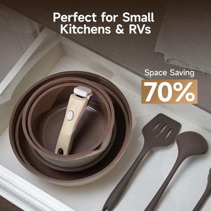 17-Piece RV Pots and Pans Set with Detachable Handle for Camper | Stackable RV Cookware, Induction & Oven Safe, Nonstick Ceramic Brown Interior, Dishwasher Friendly, PFOS & PFOA Free4