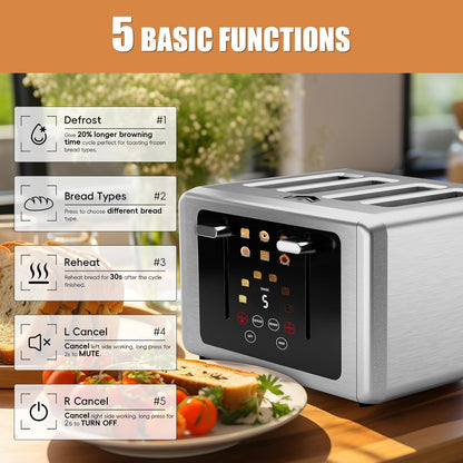 Smart Digital 4-Slice Touchscreen Toaster, Wide Slots & Dual Control | Digital Timer, 6 Bread Types & 6 Shade Settings, Defrost/Reheat/Standby, Sound Control, Stainless Steel3