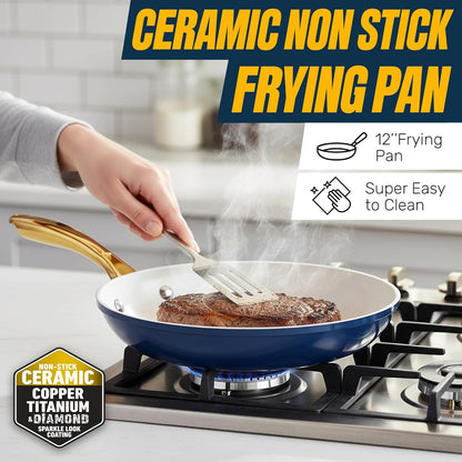 12 Pc Pots and Pans Set Non Stick Ceramic Cookware Set | Non Toxic PFOA/PFOS/PTFE Free, Stay Cool Stainless Steel Handles, Dishwasher and Oven Safe, Navy Gold3