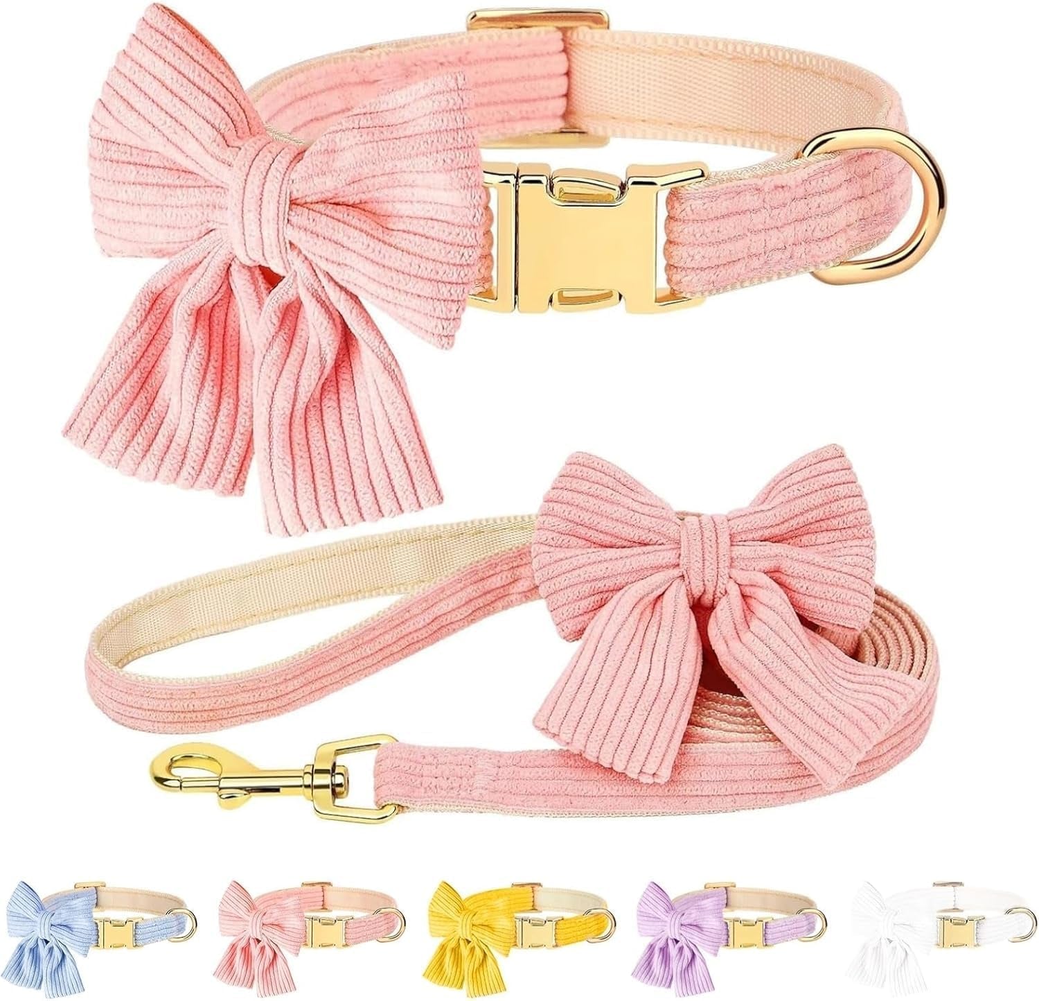 dog-collar-and-leash-set-with-bowtie-soft-cute-puppy-collar-cotton-puppy-collar-with-adjustable-metal-buckle-for-small-medium-dog-pink-size-s-neck-10-16