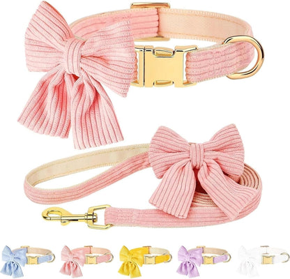 Dog Collar and Leash Set with Bowtie, Soft & Cute Puppy Collar, Cotton Puppy Collar with Adjustable Metal Buckle for Small, Medium Dog (Pink, Size S: Neck 10"-16")1
