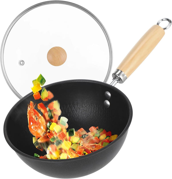 Small Wok with Lid, Mini Wok, 8" Non-Stick Mini Frying Pan, Compact, Coating-Less, Cast Iron Wok with Wooden Handle, Compatible with Induction, Gas, Ceramic Stove1