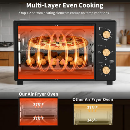 French Door Electric Knob Oven, 35 QT Extra Large Oven,18-Slice Convection Oven3-Control Knobs, Bake Broil Toast Grilled Meat Keep Warm, Black Metal,Equipped with a Tray and a Rack.9