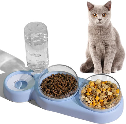 Cat Bowls Set，3 in 1 15°Tilt Water Feeder Bowls Cat Double Food Bowls with 500Ml Dispensing Bottle for Small & Medium Pets,Lightweight & Easy to Clean1