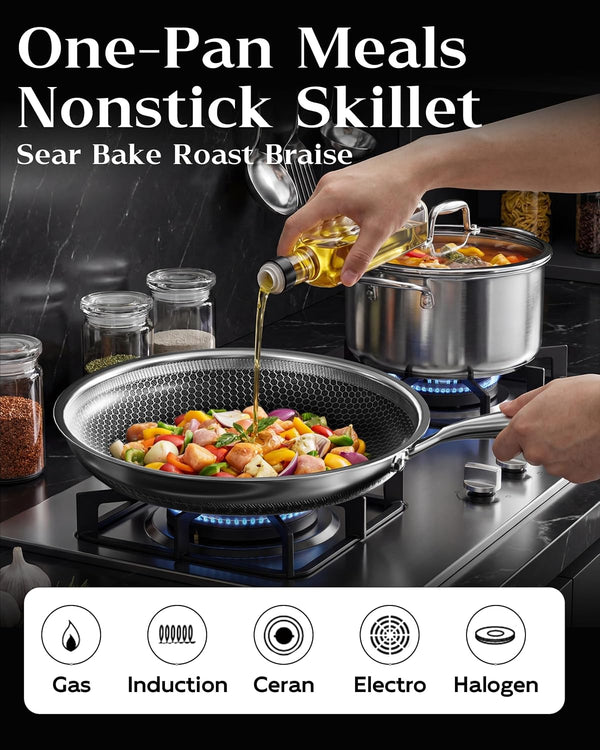 Frying Pan Nonstick with Lid, Honeycomb, Pfas-Free, All Cooktops | Non Stick Frying Pans, Induction Cookware, Pfas-Free Coating; Lid & Stay-Cool Handle; Even Heating; All Cooktops4