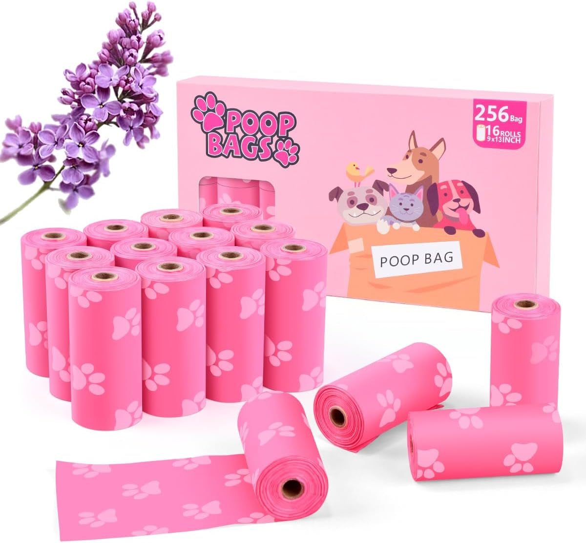 poop-bags-rolls-256-count-9x13-inches-pink-thickened-leakproof-lavender-scent-poo-bags-for-dogs-eco-friendly-pet-waste-bags-for-walking-travel-home