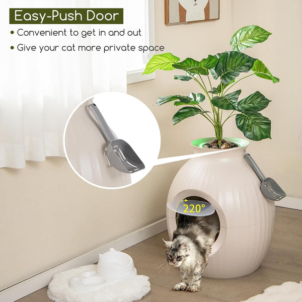 Tangkula Hidden Litter Box Plant, Cat Litter Box Enclosure Furniture with Odor Removal System, 4 Modes Lights, Artificial Plant, Pebbles, Door, Scoop, Planter Litter Box for Large Cats, Easy to Clean6