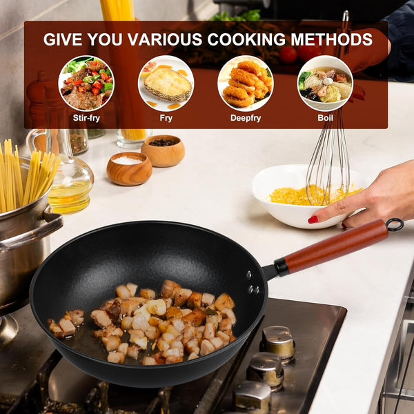 Wok, 13" Carbon Steel Woks & Stir-Fry Pans Nonstick with Glass Lid | Pre-Seasoned Flat Bottom Chinese Wok for Electric, Induction, Gas, All Stoves4