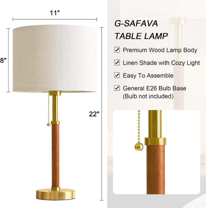 22" Wood Table Lamps Mid Century Modern Lamp for Bedroom Living Room | Bedside Lamps for Night Stands Nightstand Lamp with Pull Chain Gold Small Side End Table Lamps Set of 2 Vintage Deco Gifts2