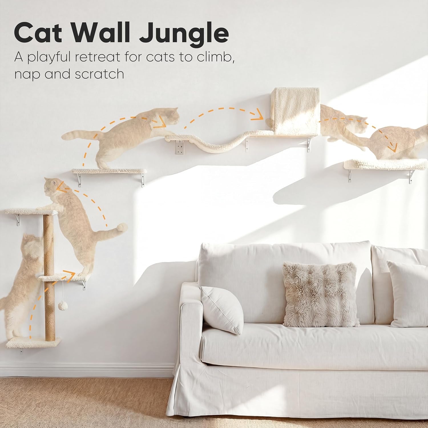 fukumaru-cat-wall-shelves-4-in-1-set-beige-stable-safe-cat-walls-furniture-wooden-kitten-climbing-wall-with-scratching-post-for-16-inch-drywall