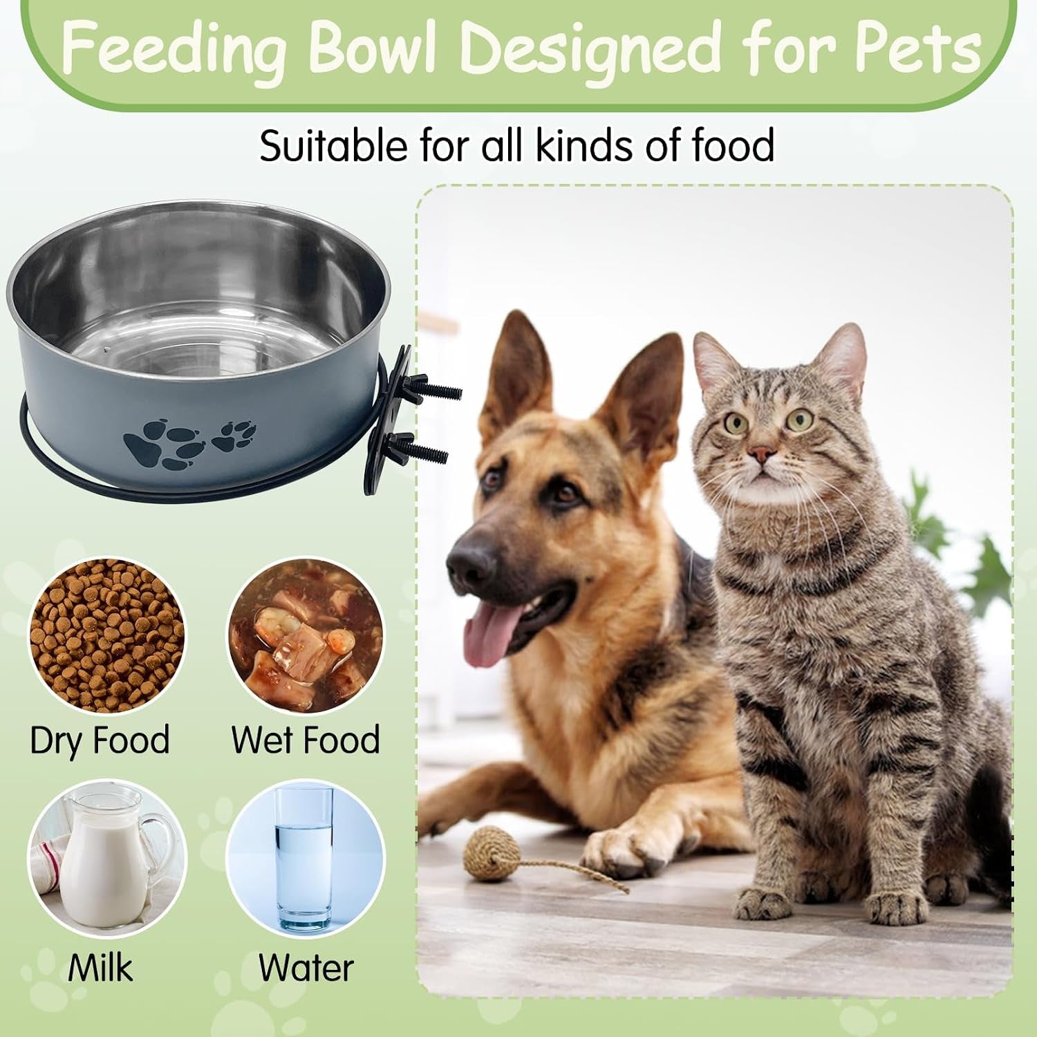 kathson-2-pcs-dog-kennel-crate-feeder-stainless-steel-no-spill-hanging-metal-pet-food-bowl-for-cats-small-medium-dogs-gray