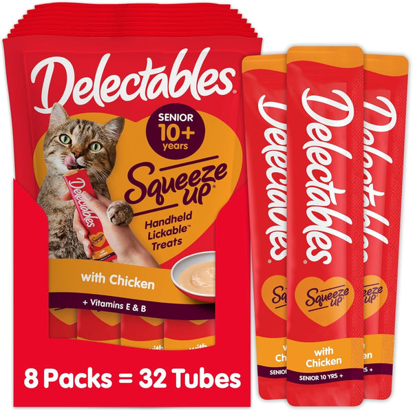 Delectables Squeeze up Creamy Squeezable Puree, Lickable Wet Cat Treats, Grain Free, No Added Fillers, No By-Products, No Added Preservatives, 0.5 Ounces Senior Chicken, 32 Tubes Total1