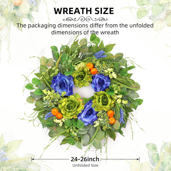 Spring Wreaths for Front Door 24 Inch Artificial Rose Wreath with Rose & Eucalyptus Leaf Orange Berry Accents,Summer Wreath for Home Wall Porch Window Easter Year-Round Indoor/Outdoor Decor5