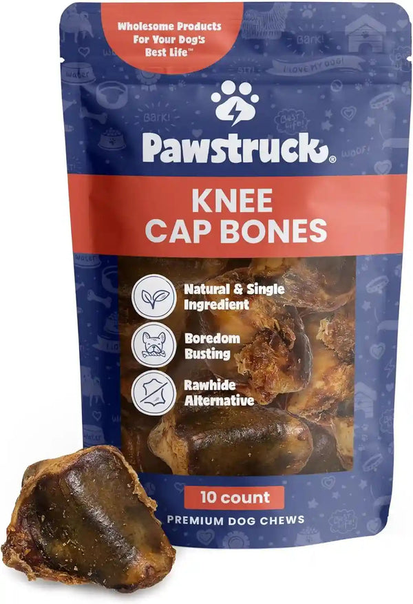 Pawstruck Natural Knee Cap Dog Bones - Treats for Aggressive Chewers, Low Fat & High Protein Chews, Beef Flavor, Long-Lasting Rawhide Alternatives - 10 Pack, Packaging May Vary1