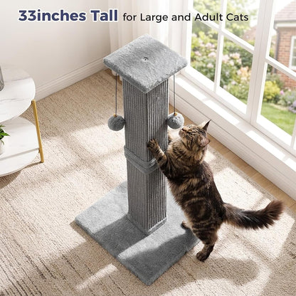 Tall Cat Scratching Post 33” Heavy Duty Sisal Scratcher Post | Modern Cat Scratching Post with Heavy Duty Base for Sturdy, Large 33" Vertical Sisal Rope Post & 2 Cat Toy Balls for Cat-Gray6