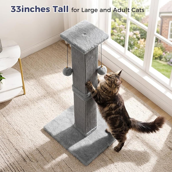 Tall Cat Scratching Post 33” Heavy Duty Sisal Scratcher Post | Modern Cat Scratching Post with Heavy Duty Base for Sturdy, Large 33" Vertical Sisal Rope Post & 2 Cat Toy Balls for Cat-Gray6