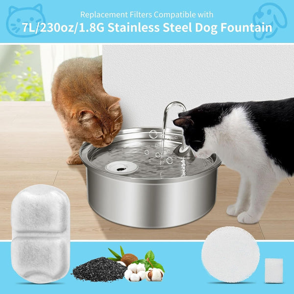 16 Set Dog Fountain Filter Replacement for 7L/230Oz/1.8G Stainless Steel Dog Water Dispenser, YOIHABV Cat Fountain Filters, Triple Filtration Pet Water Filter, Replacement Filters and Sponges2