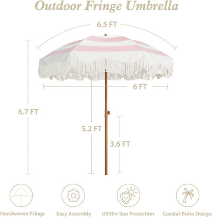Boho Fringe Umbrella, 6.5Ft Outdoor Umbrella with Tassel | Boho Chic Style, UPF 50+ Sun Protection, Steel Pole, Push Button Tilt, Easy to Set Up, for Party Picnic Beach, Green Stripe6