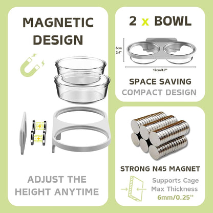 Magnetic Reptile Feeding Ledge with 2 Pack Plastic Bowls Food Feeder Water Dish for Crested Gecko Dwarf Hamster(Gray, Magnetic-Mounted)2