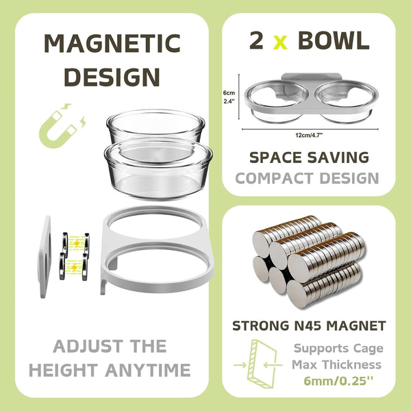 Magnetic Reptile Feeding Ledge with 2 Pack Plastic Bowls Food Feeder Water Dish for Crested Gecko Dwarf Hamster(Gray, Magnetic-Mounted)2