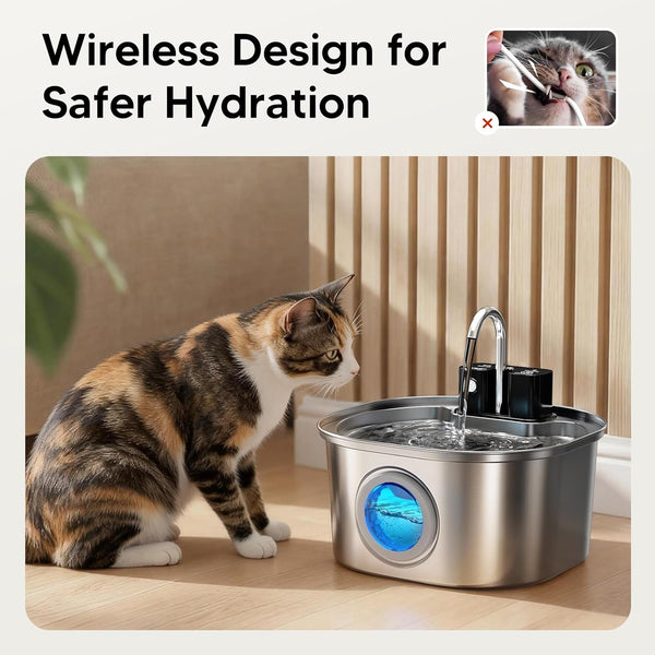 Voluas Stainless Steel Cat Water Fountain, Wireless, 108Oz/3.2L, 1 Filter | Cordless Design, Ultra-Quiet Pump, Easy to Clean, Bpa-Free4