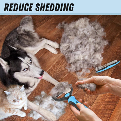 Docrok Pet Grooming Combo - Blue Deshedding Brush with Metal Comb for Detangling and Dematting Long, Matted Fur on Cats and Dogs5