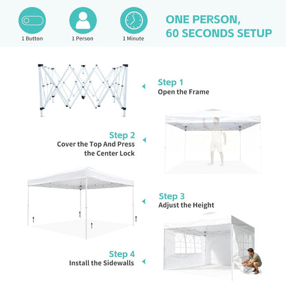 10X10 One Push Pop up Canopy Tent with Vented Roof, White | UPF 50+ UV Protection, 210D Waterproof Fabric, 3 Removable Sidewalls, Steel Frame, for Camping, Backyard Events6