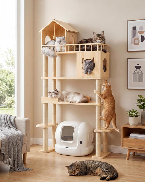 Wood Cat Tree for Automatic Litter Box, 5 Tier Cat Tower, 74 Inch | Tall Cats Tree for Indoor Cats Large Adult, Solid Wood Cat Furniture for Self Cleaning Litter Box, W/Scratching Post, House8