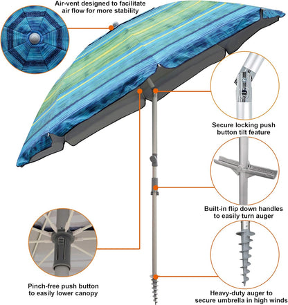 7.2' Beach Umbrella with Sand Anchor, Outdoor Portable Beach Umbrella for Sand with Tilt Pole, Carry Bag, Air Vent3