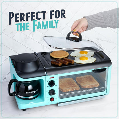 3-In-1 Breakfast Station - Includes Coffee Maker, Non-Stick Griddle, and 4-Slice Toaster Oven - Versatile Breakfast Maker with Timer - Aqua7