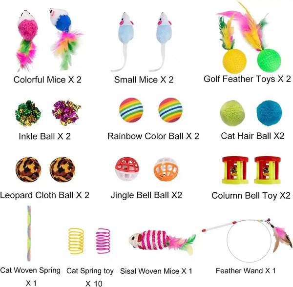 32Pcs Cat Toys Kitten Interactive Pet Toys Assortments, Foldable Rainbow Tunnel, Teaser Wand Fluffy Mouse Crinkle Balls Bell Play for Puppy Kitty (3 Way)3