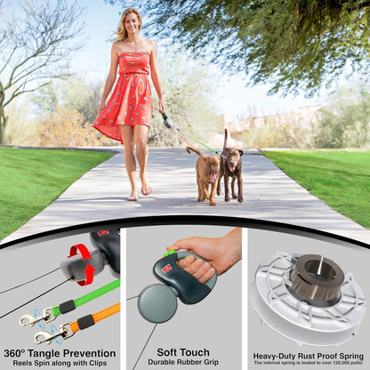 WIGZI (2) Two Dog Reflective Retractable Pet Leash – 360 Degree Zero Tangle Patent - Two Dogs Each up to 50 Lbs and 10Ft. Reflective Orange and Green Leads. Dual Locking3