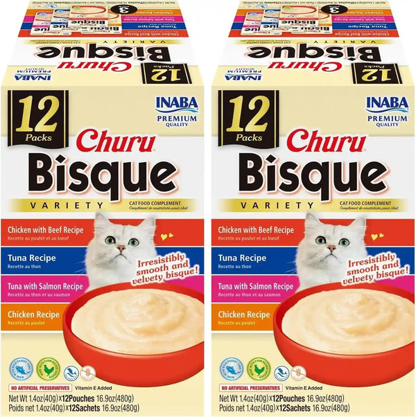 INABA Churu Bisque for Cats, Creamy Lickable Purée Side Dish with Vitamin E, 1.4 Ounces per Pouch, 12 Pouches, Tuna & Chicken Variety12