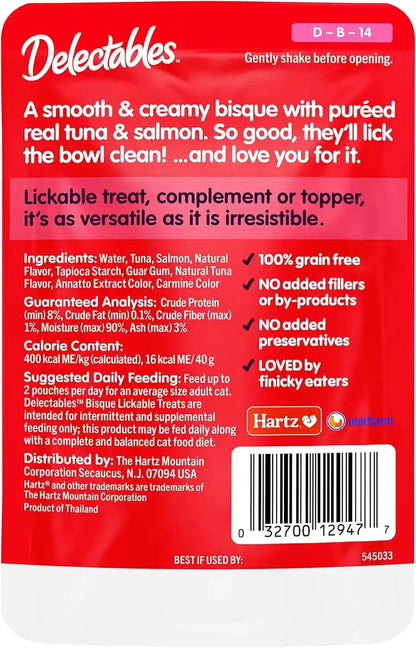 Delectables Lickable Treat Bisque Wet Cat Treat with Real Tuna & Salmon, Food Topper, Hydrating, Grain-Free, No Fillers, No By-Products, No Added Preservatives, 1.4Oz Pouch, 12Ct7