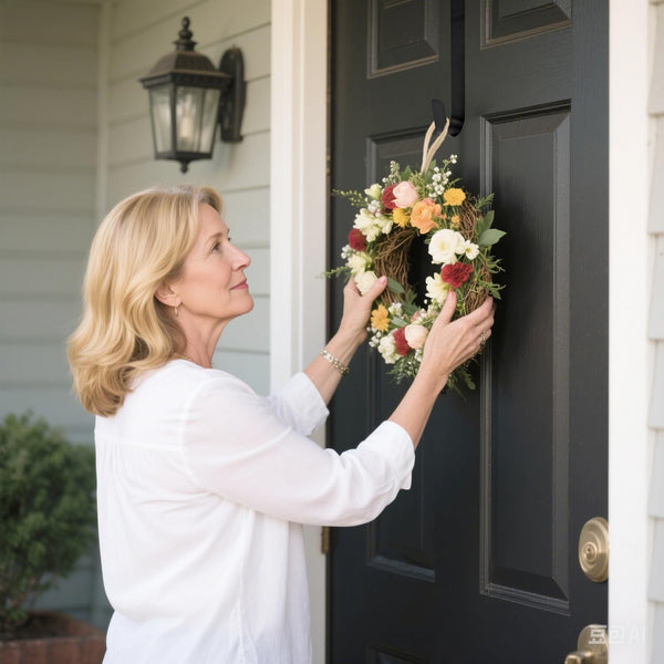 15" Wreath Hanger for Front Door, over the Door Wreath Hook | No Drilling or Screws. Protects Doors, Closes Normally, Holds 22 Lbs for Holiday & Seasonal Décor. Black, 1 Pack5