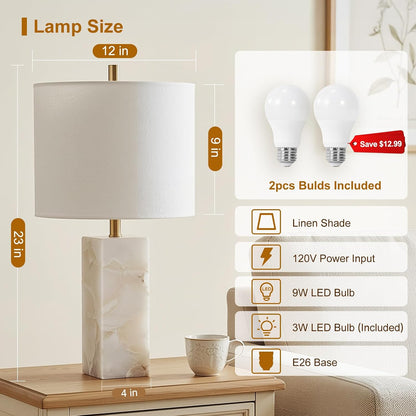 23" Alabaster Table Lamp Set of 2 with Night Light for Living Room | Rotary Switch Bedside Lamp with Linen Shade for Bedroom, Modern Nightstand Lamps for Room Office Dorm (Bulb Included)2
