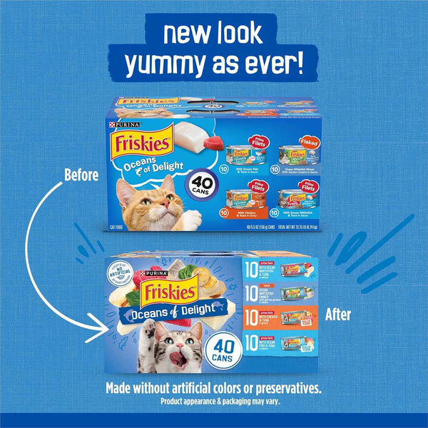 Purina Friskies Wet Cat Food Variety Pack, Oceans of Delight Flaked and Prime Filets - (Pack of 40) 5.5 Oz. Cans2