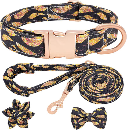 Dog Collar and Leash Set Girls Adjustable Puppy Collars with Floral Bow Tie for Small Medium Large Female Dogs, Orange Flower, S16
