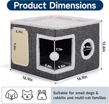 Shikha Cat House Bed for Indoor Cats with Fluffy Ball and Scratch Pad Grey | Foldable Large Cat Cave Hideaway with Cozy Condo, Hide and Seek Window, Holds up to 30LBS, All Season Reversible Cushion2